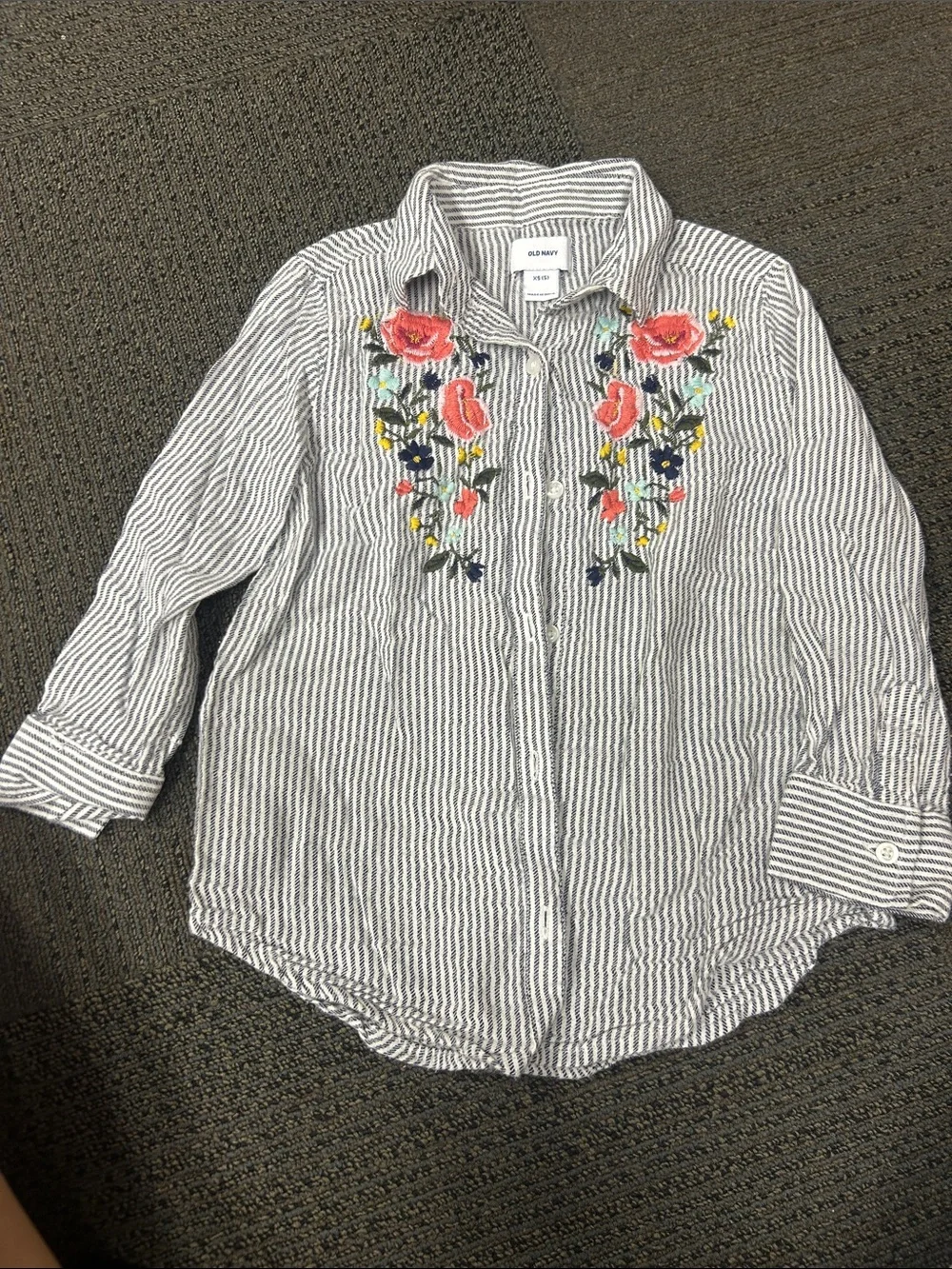 Old Navy White and Blue Striped Button-Down Shirt with Floral Embroidery